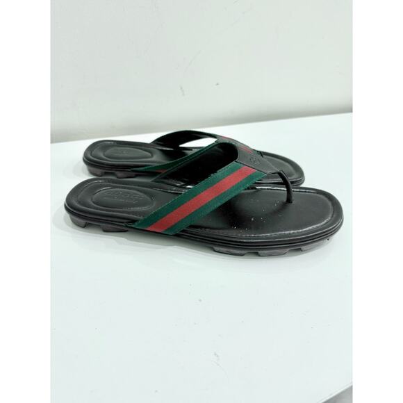 Gucci Web Leather Slip On Thong Flip Flop Flat Sandals Black Men's Size US 11.5 - Picture 3 of 5